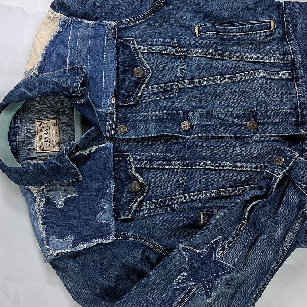 Polo Ralph Lauren Denim Jacket Distress Trucker Stars Stripes Patchwork